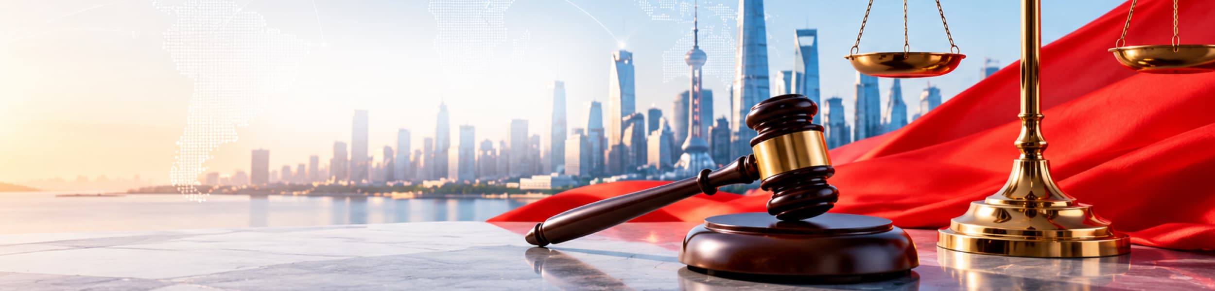 Shanghai skyline, gavel and scales representing cross-border legal services